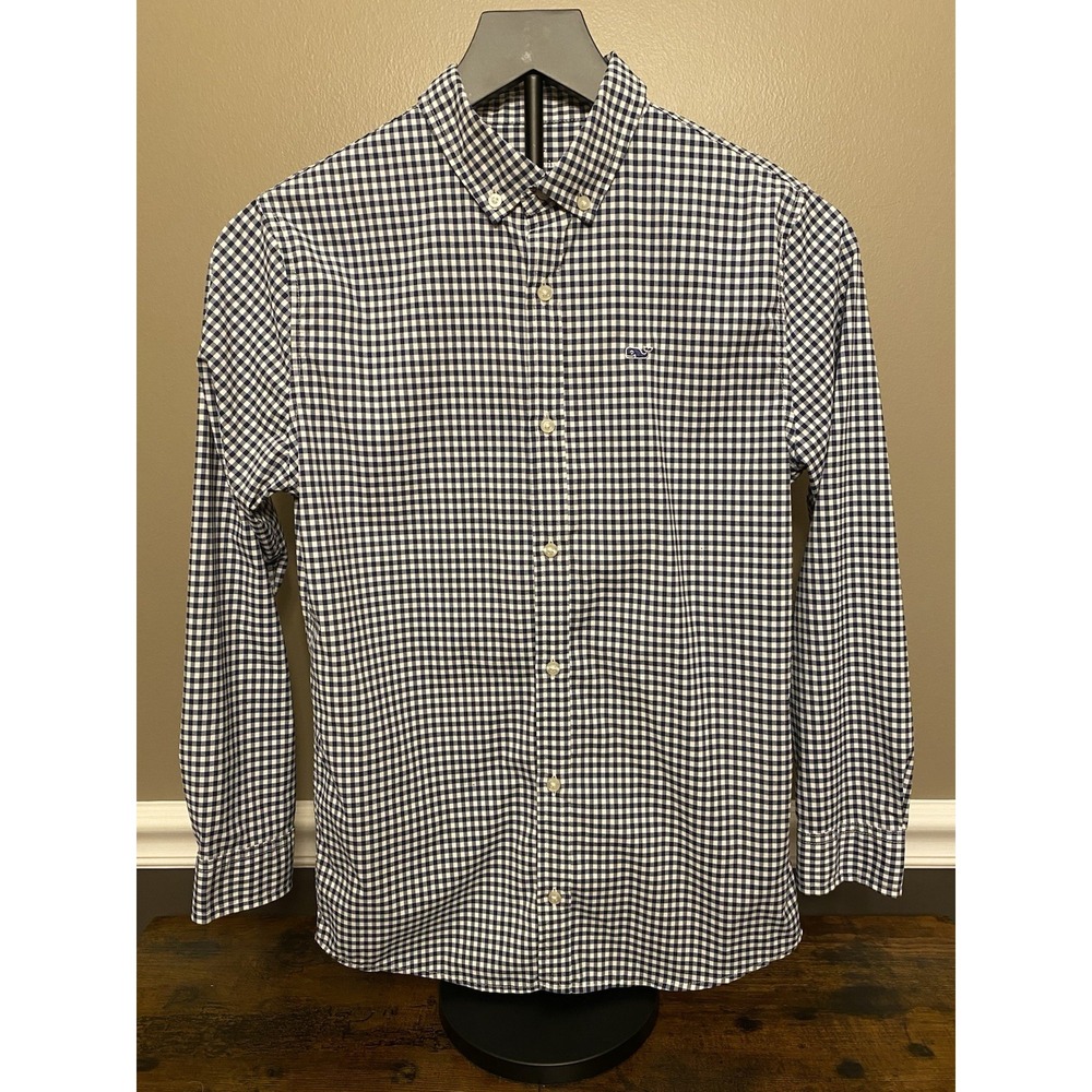 Boy's Vineyard Vines M 12-14 LS Performance Blue Check Button Down Collar Shirt